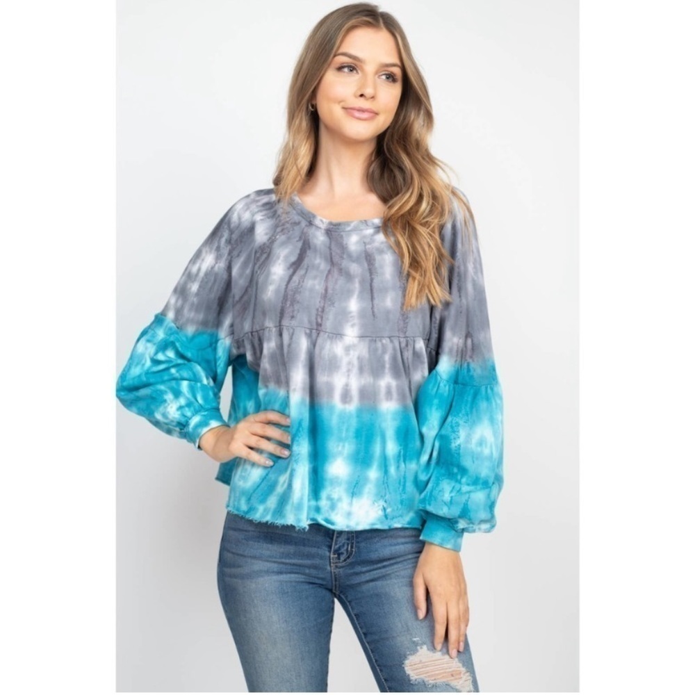Peach Love California Boutique Blue Gray Tie Dye Color Block Cotton Top